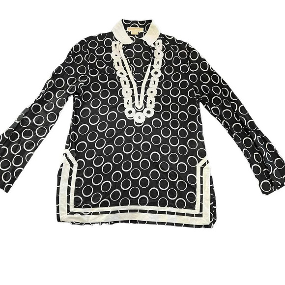 MICHAEL Michael Kors Tops - Michael Kors Women's Medium Black/White Geometric Printed Long Sleeve Blouse‎